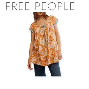 Free People Frankie Floral Tunic Honey Ginger Combo Scoop Neck CapSleeve XS NWOT